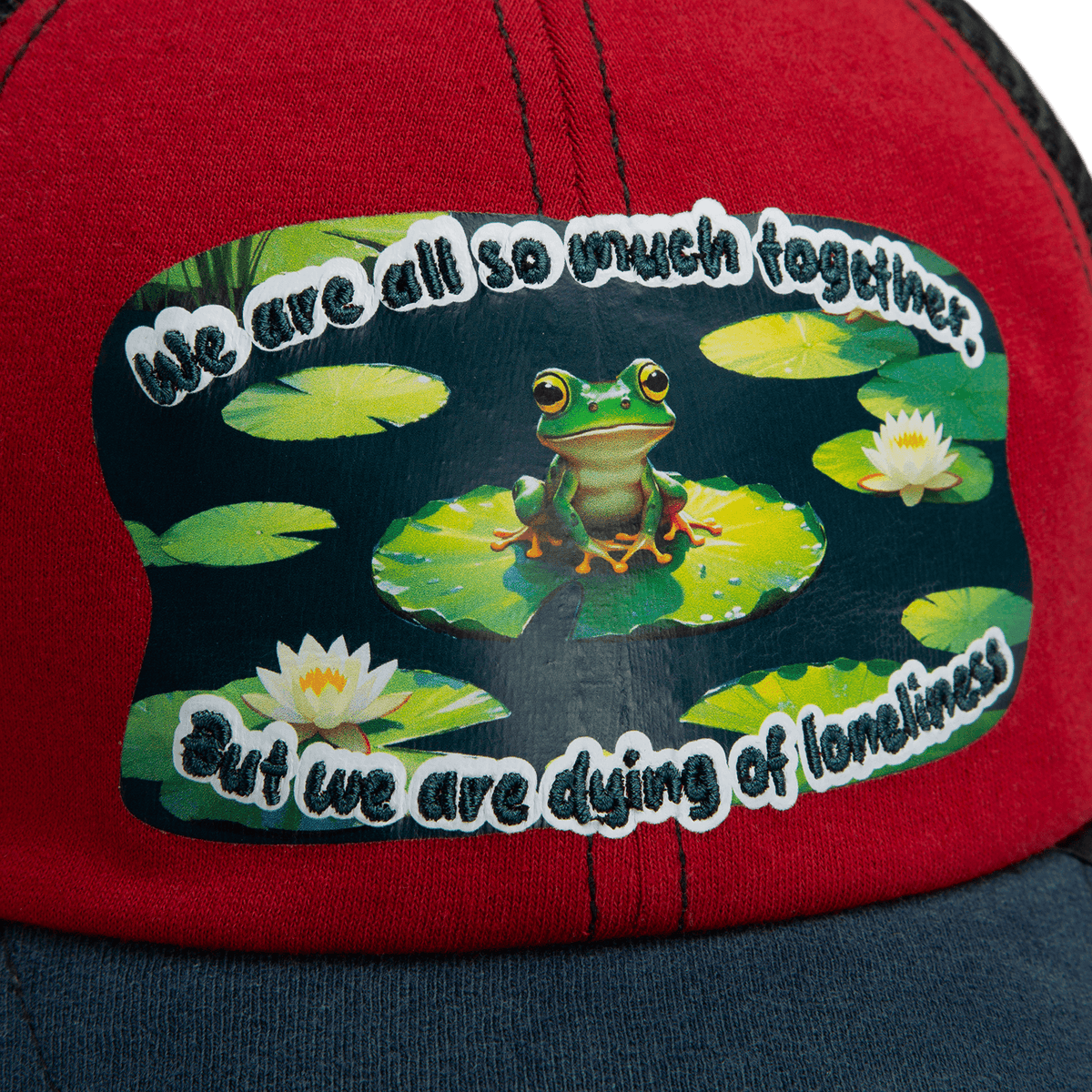 A close-up of the Goorin Bros. "Lil Sohei" recycled red and blue hat, featuring a patch with a frog on lily pads and the text: We are all so much together, but we are dying of loneliness.