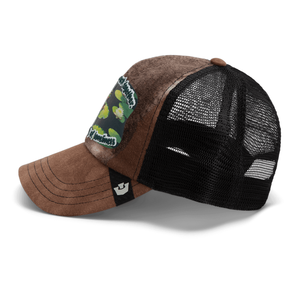 The Lil Sohei by Goorin Bros. is a brown and black mesh trucker hat from the Storybook collection, featuring a green and white front patch and a small black and white logo tag—ideal for unique hat enthusiasts.