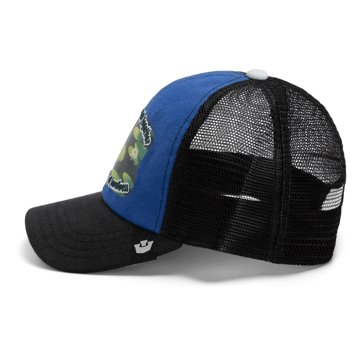 The Goorin Bros. Lil Sohei is a blue and black trucker hat from the Storybook collection, featuring a front camo patch and black mesh back—ideal for anyone seeking a unique cap.