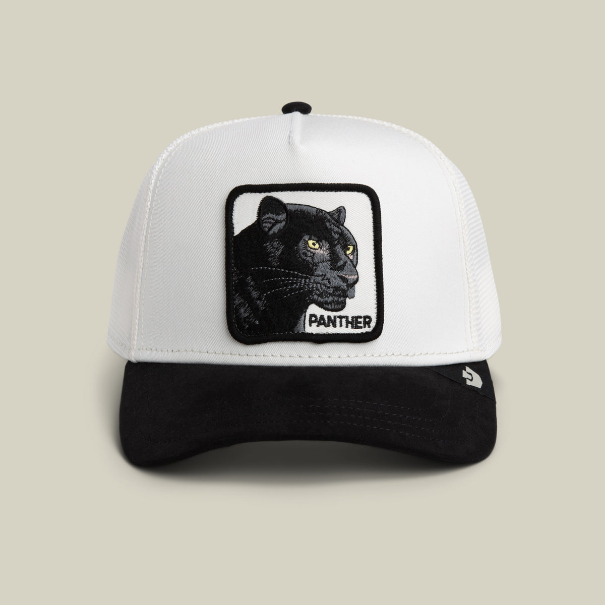 The Goorin Bros. Suede Black Panther hat in DUST/VOID features a bold panther patch, embroidered PANTHER logo on the front, and a stylish microsuede brim.