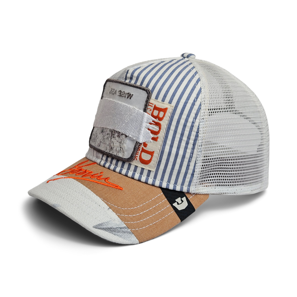 The Goorin Bros. Goorin Rework Trucker is a mesh baseball cap with blue and white stripes, orange script, brown and gray patches, and a front white Velcro badge—crafted from recycled fabrics for unique style.
