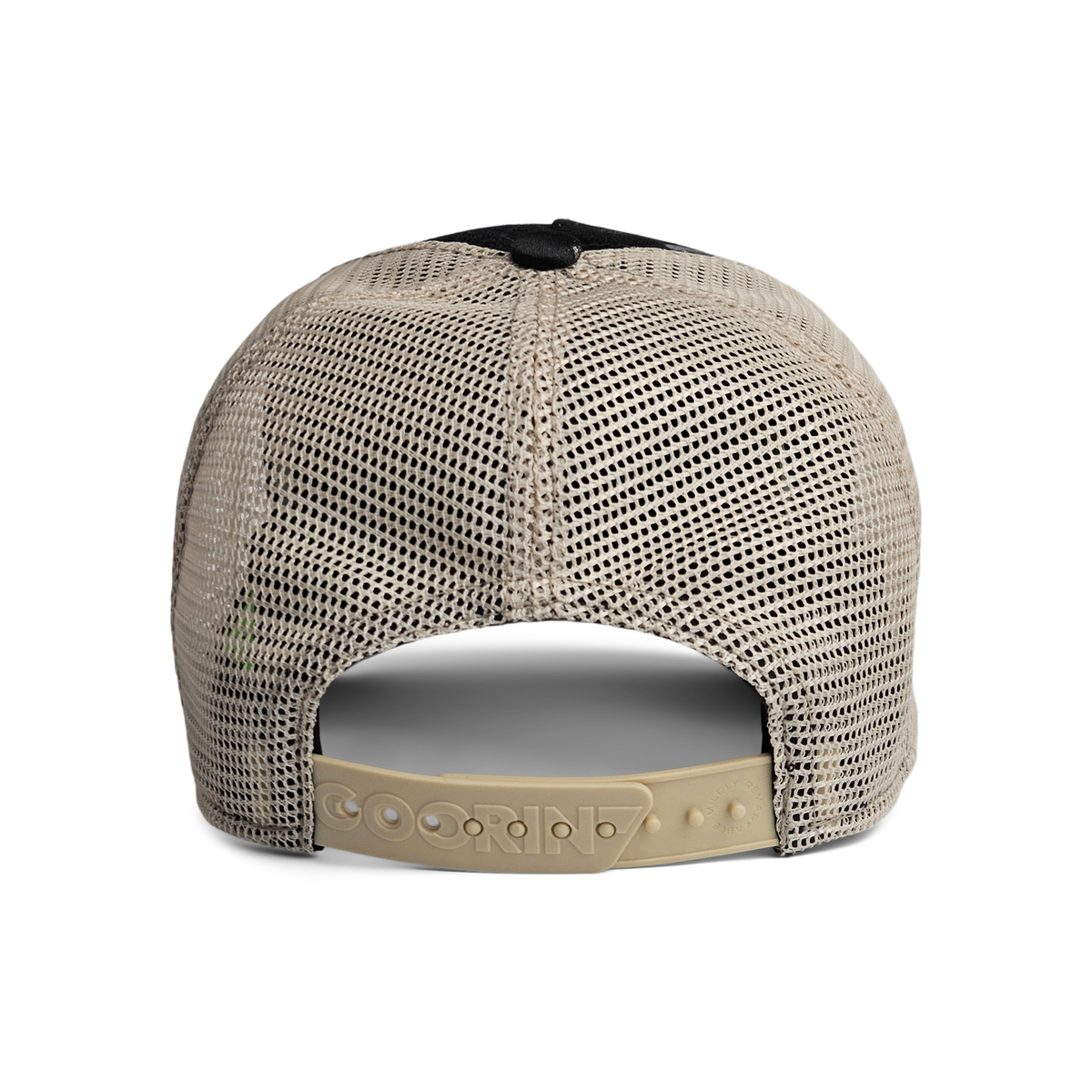 The Goorin Rework Trucker by Goorin Bros. is shown from the back, featuring a beige mesh design and an adjustable snapback closure—crafted from recycled fabrics for a unique, eco-friendly touch.