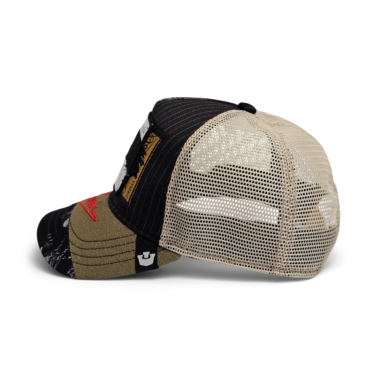 A side view of the limited edition Goorin Bros. Goorin Rework Trucker cap, featuring multicolored beige and black panels, a mesh back, a curved brim, and assorted patches on the front and side.