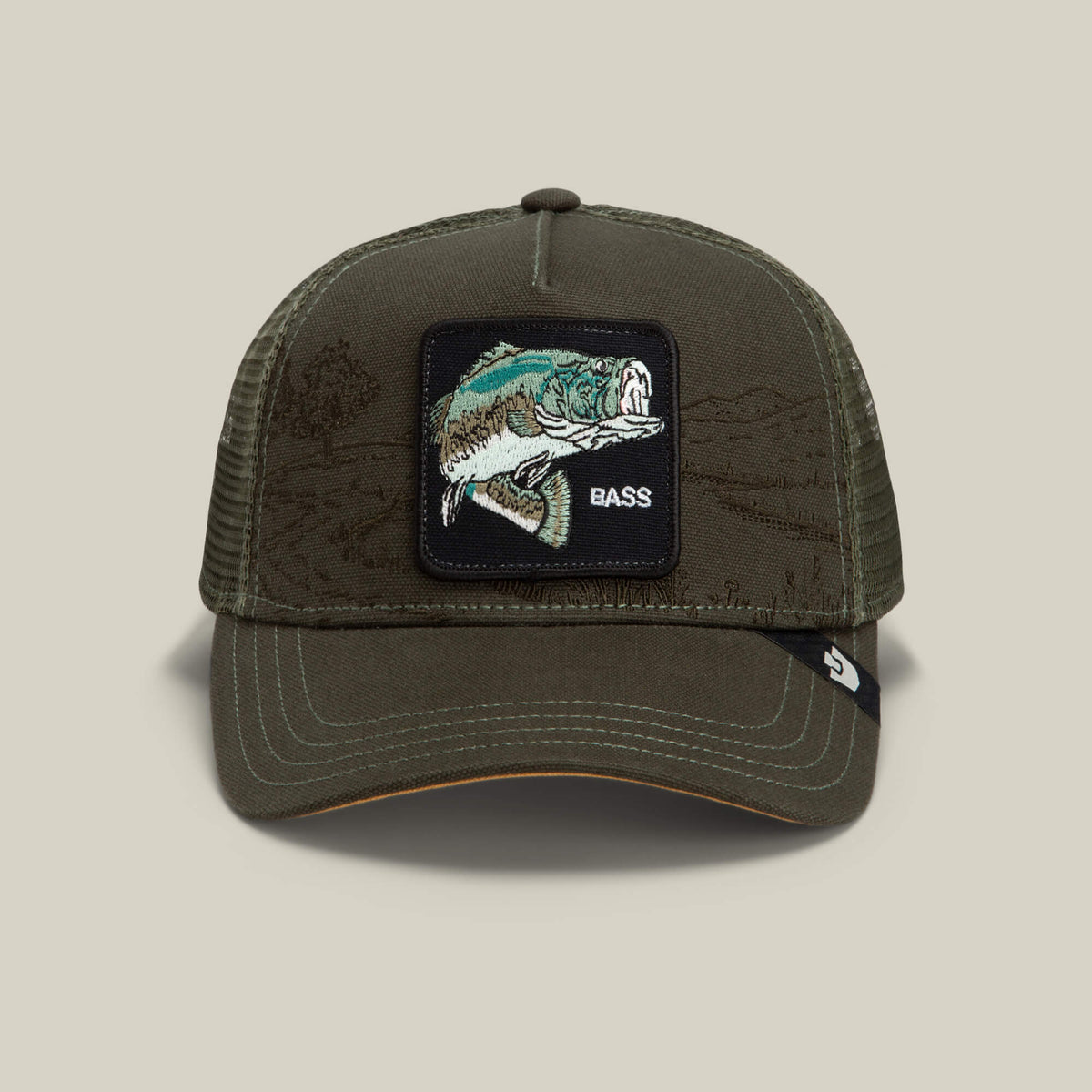 Palm green mesh baseball cap by Goorin Bros., called the Badlands Bass, featuring a landscape patch with a fish and the word "BASS" on the front, plus a small black side tag.