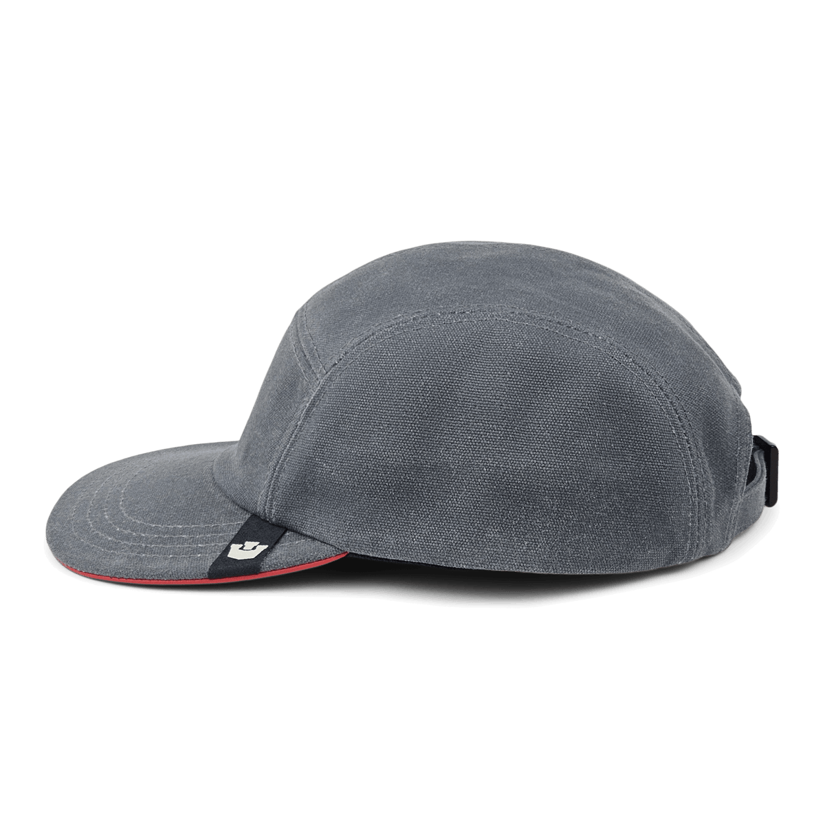 The North Boulder by Goorin Bros. is a grey cotton 5-panel camp cap with a curved brim, black logo tag on the front, and adjustable back strap—hand cut and sewn in the USA for premium quality.