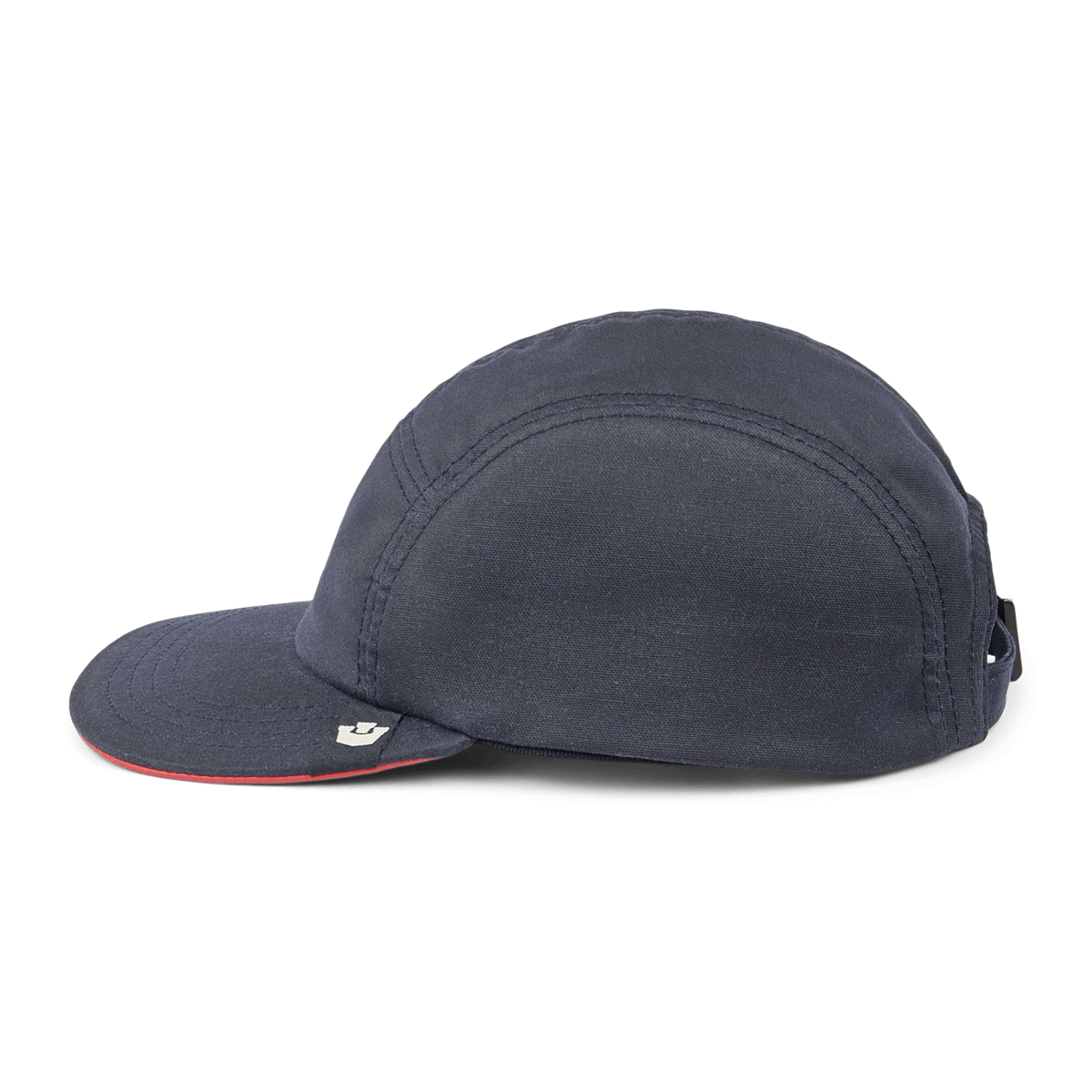 The North Boulder by Goorin Bros. is a navy blue 5-panel camp cap, hand cut and sewn in the USA, with a short brim and small logo tag on the left side of the brim, shown on a plain white background.
