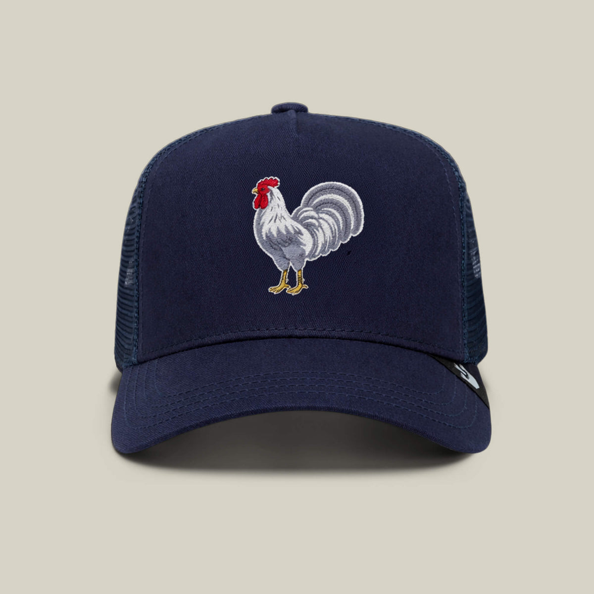 The Gone Cockmaxxing hat by Goorin Bros. in Edge Navy features an embroidered white rooster with a red comb on the front, making it a standout addition to any collection.