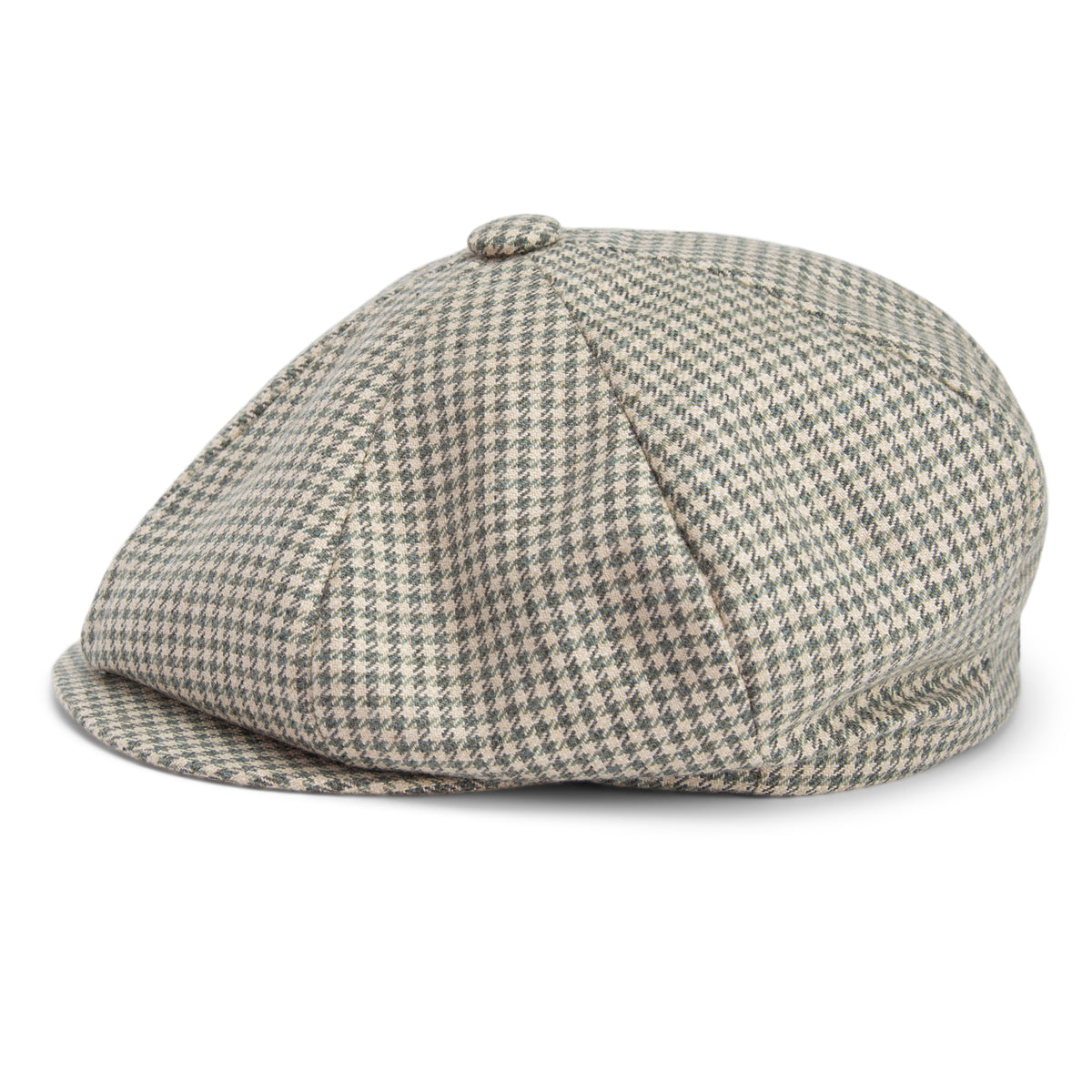 A houndstooth-patterned Goorin Bros. “Ham Bone” newsboy cap with a button top, displayed against a white background. Please note: All sales are final.