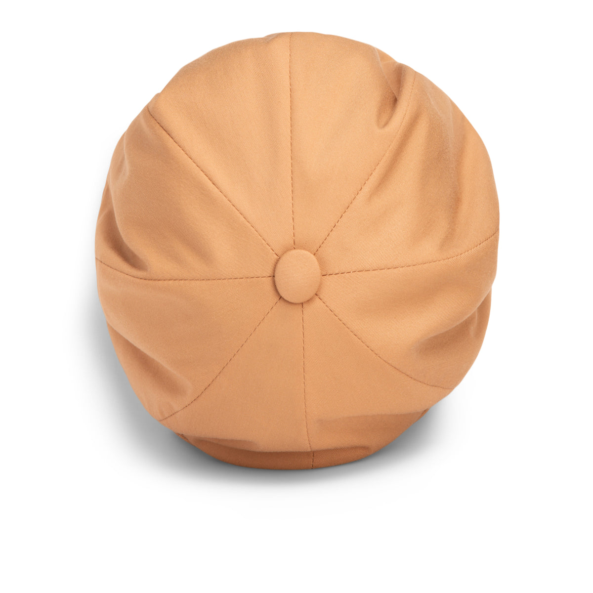 Tan-colored round cap, the “Chopping Block” by Goorin Bros., with stitched panels and a button on top, showcasing an exclusive style and unique shape, viewed from above on a white background.