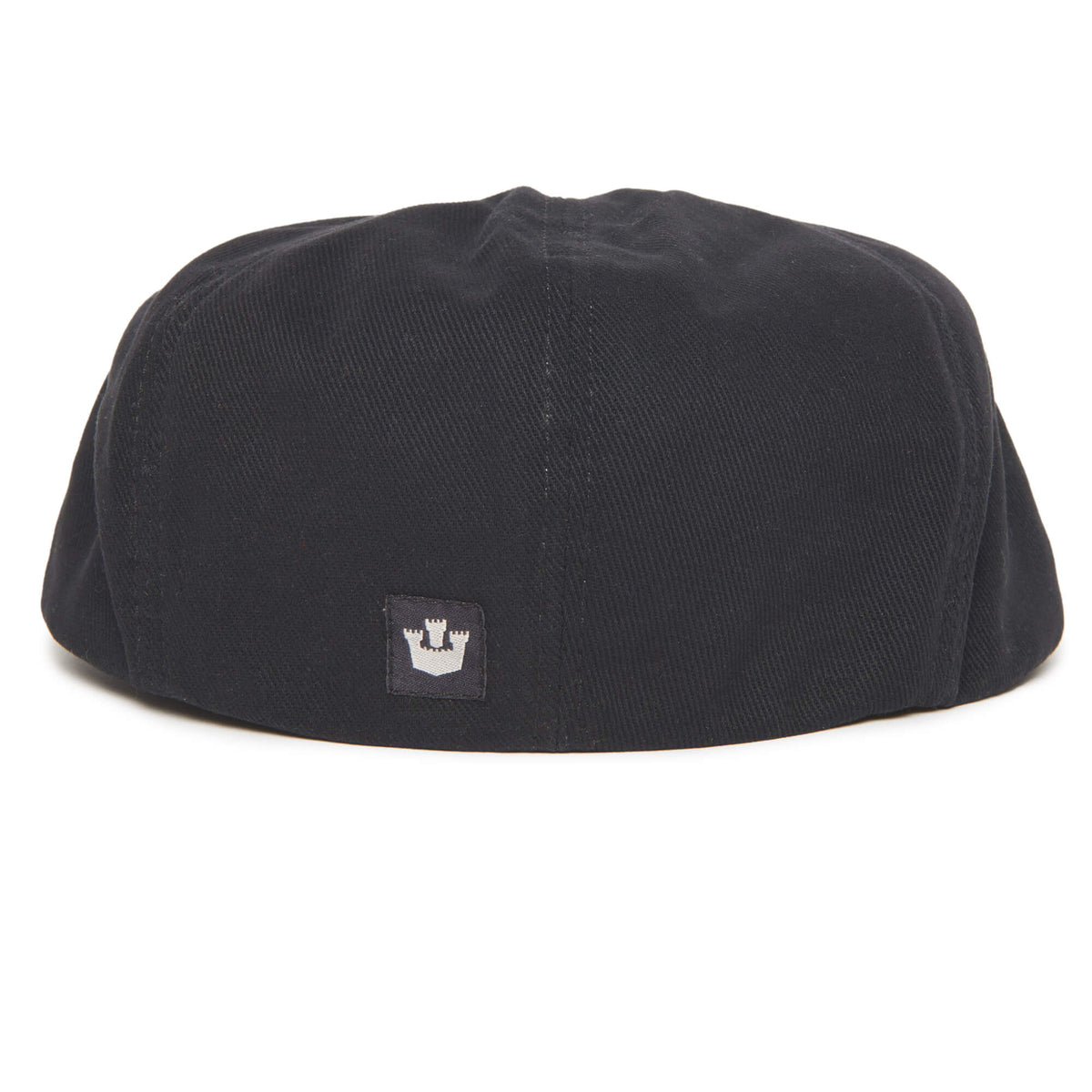 Black cotton beret viewed from the back, featuring a small square patch with a white crown logo at the center bottom—an effortlessly stylish accessory from Goorin Bros. that brings the classic appeal of their Mulberry Street flatcap to your look.