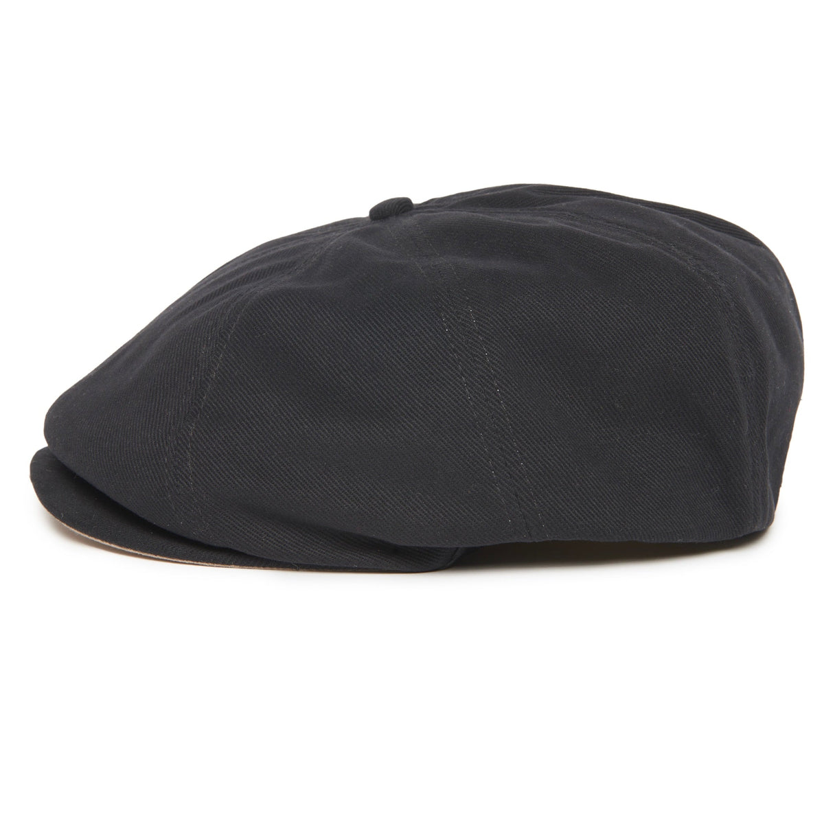 The Mulberry Street by Goorin Bros. is a trendy black cotton flat cap, shown from the side on a white background, that brings a touch of classic style to any look.
