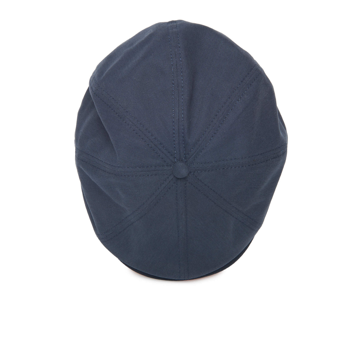 The Goorin Bros. Mulberry Street flatcap in navy blue is displayed from above on a white background, highlighting its stitched panels and central button.