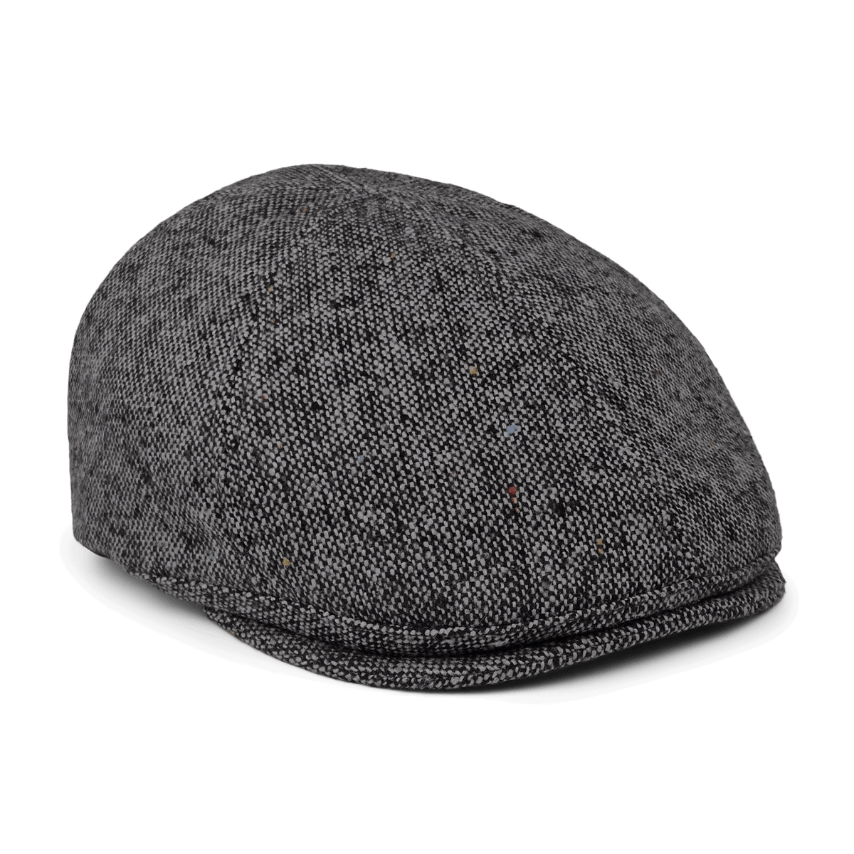 The Goorin Bros. Newlands flat cap, handmade in the USA, features a grey flecked texture and rounded top, shown on a white background.