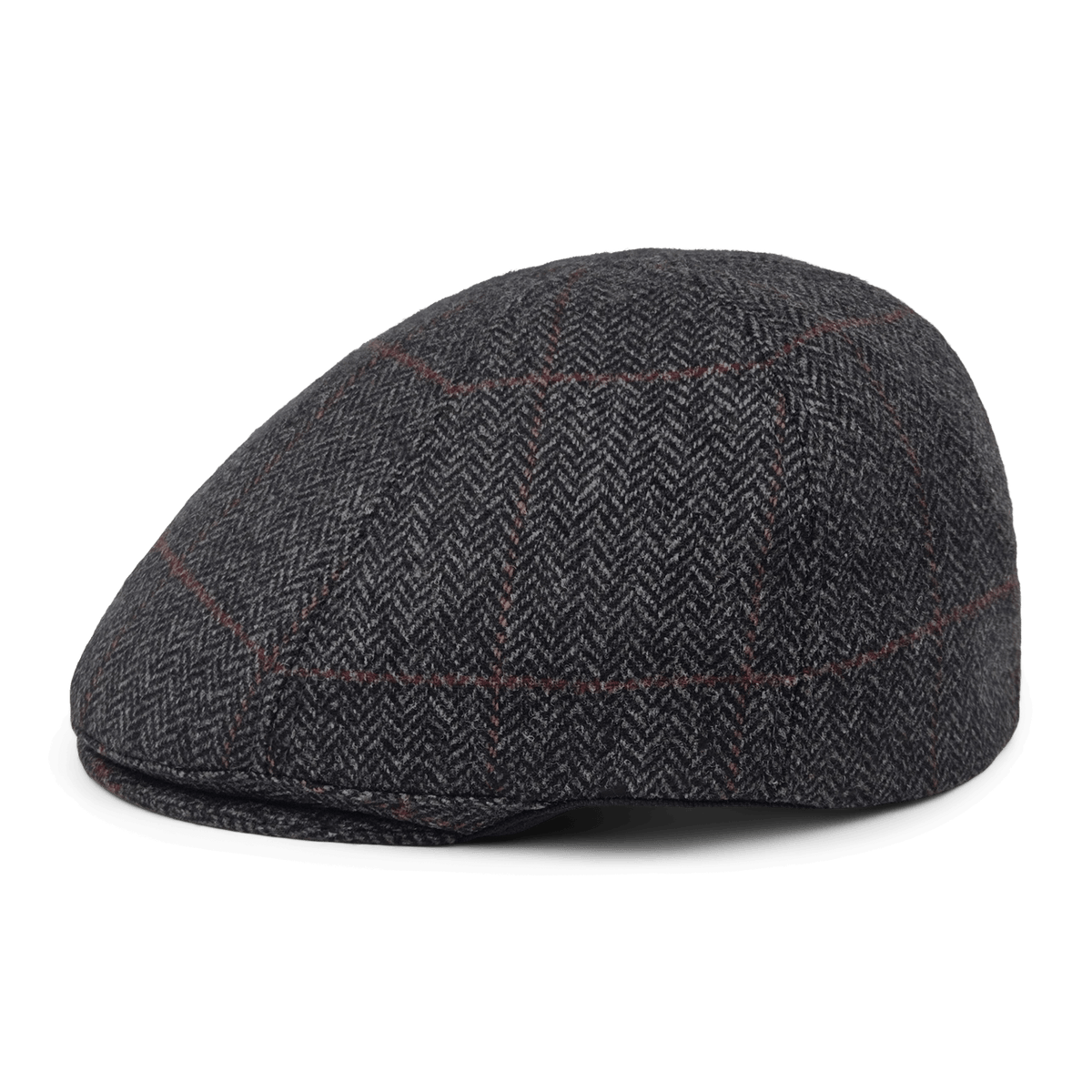 The Goorin Bros. Harry Bones is a dark gray wool flatcap featuring a subtle red plaid pattern in classic herringbone weave, displayed on a white background.