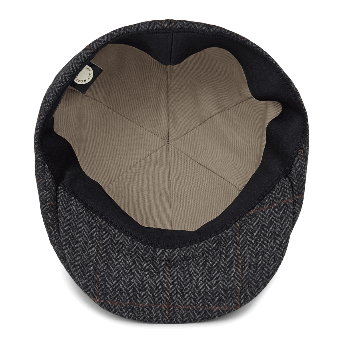 The Harry Bones flat cap by Goorin Bros. is shown from above, displaying a beige inner lining and a dark herringbone-patterned wool exterior—classic headwear thoughtfully made in the USA.