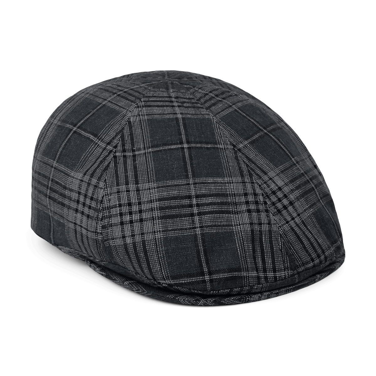 The Goorin Bros. Glenwood Grove is a 100% cotton flatcap in black, gray, and dark green plaid, shown from the side on a white background.