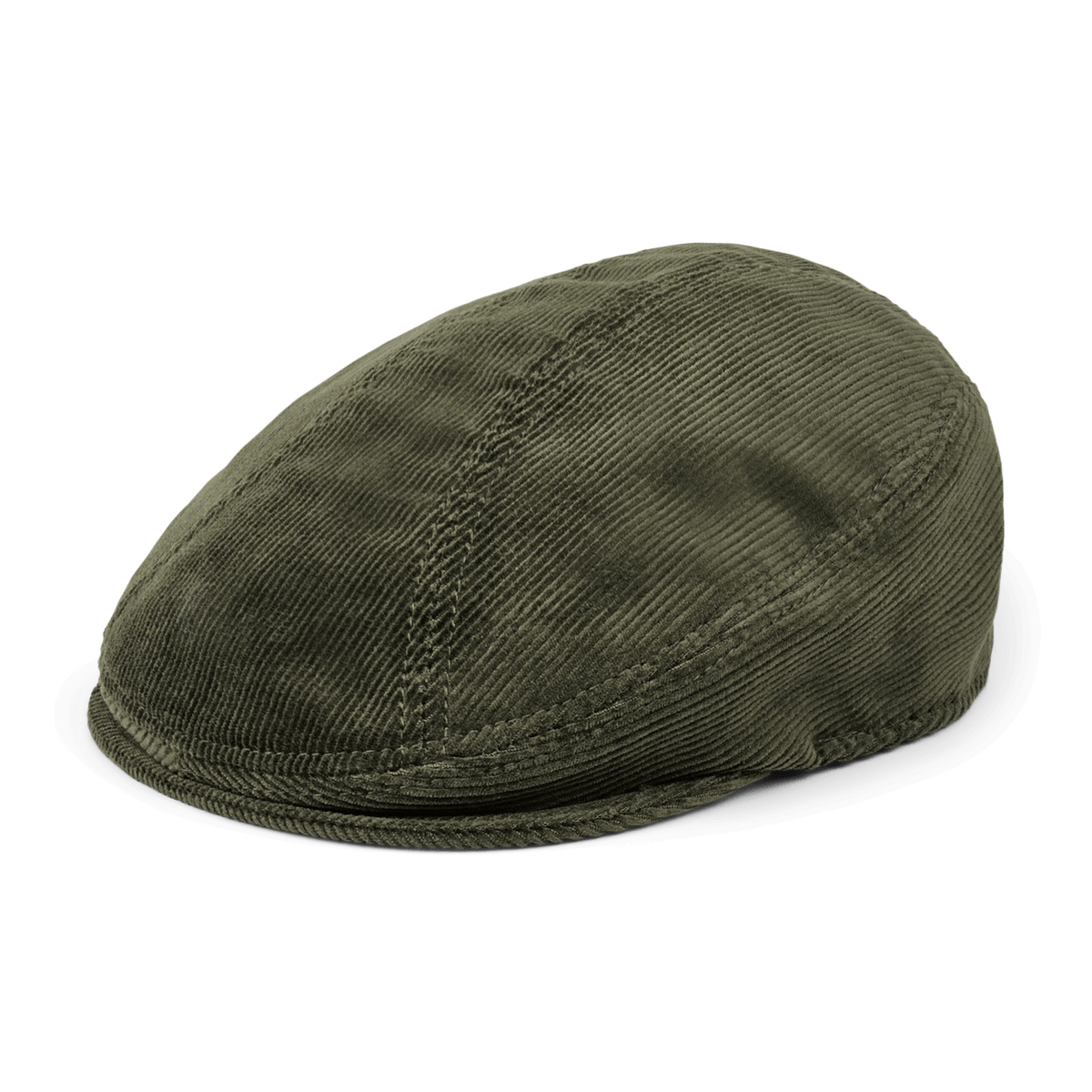 The Maxwell Park flatcap by Goorin Bros. features olive green cotton corduroy, a rounded crown, and a short stiff brim. Made in the USA and shown on a plain white background.