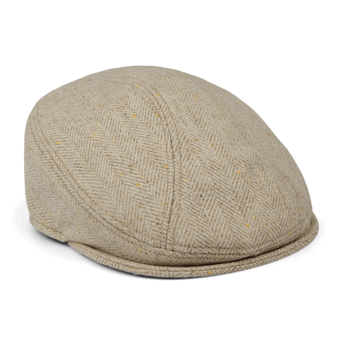 The Iris Fields flatcap by Goorin Bros. features cream herringbone wool, a rounded crown, and a short stiff brim. Hand sewn in the USA and shown against a white background.
