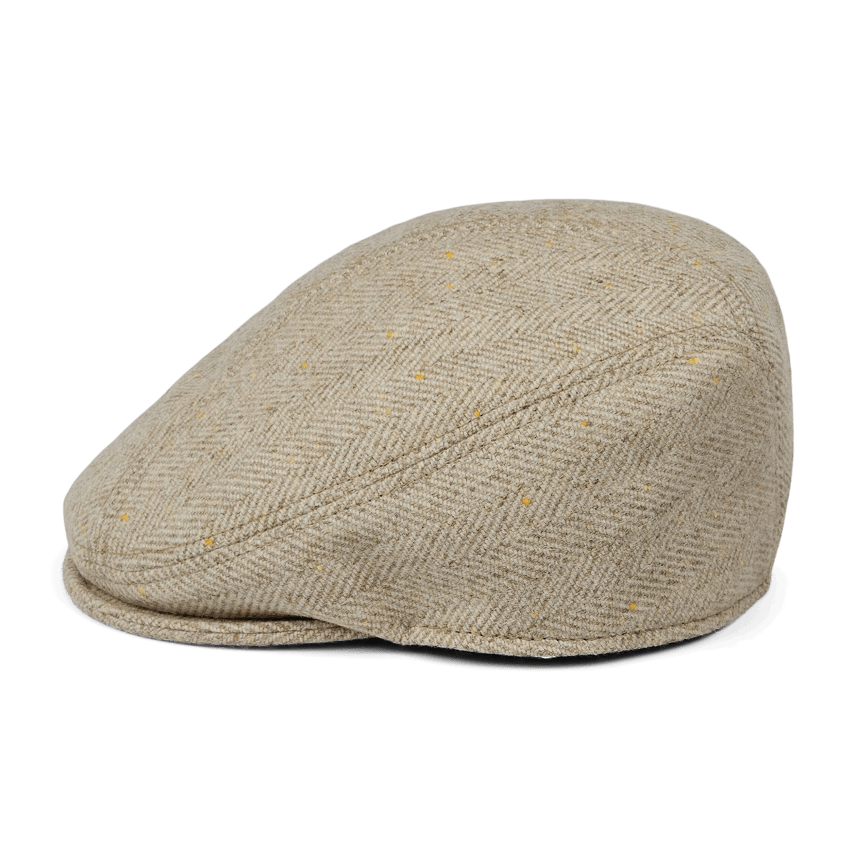 The Iris Fields flatcap by Goorin Bros. features beige cream herringbone wool with a slight peak, handmade in the USA and shown on a white background.