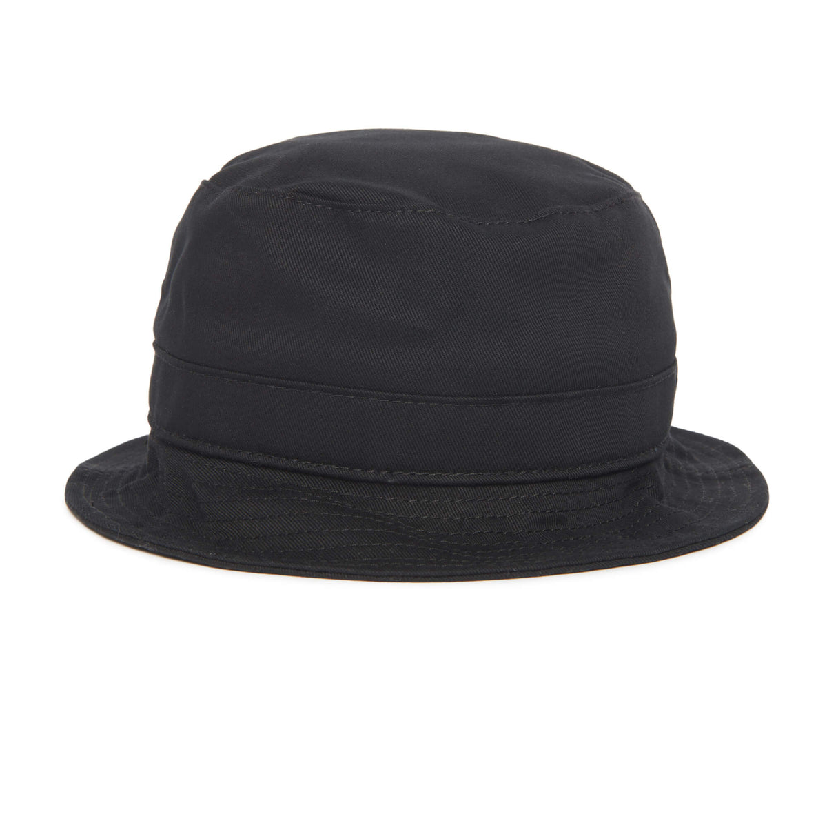 The Cape May by Goorin Bros. is a plain black bucket hat crafted from durable cotton twill, featuring a flat top and a narrow, downward-sloping brim—epitomizing beach town chic against a crisp white background.