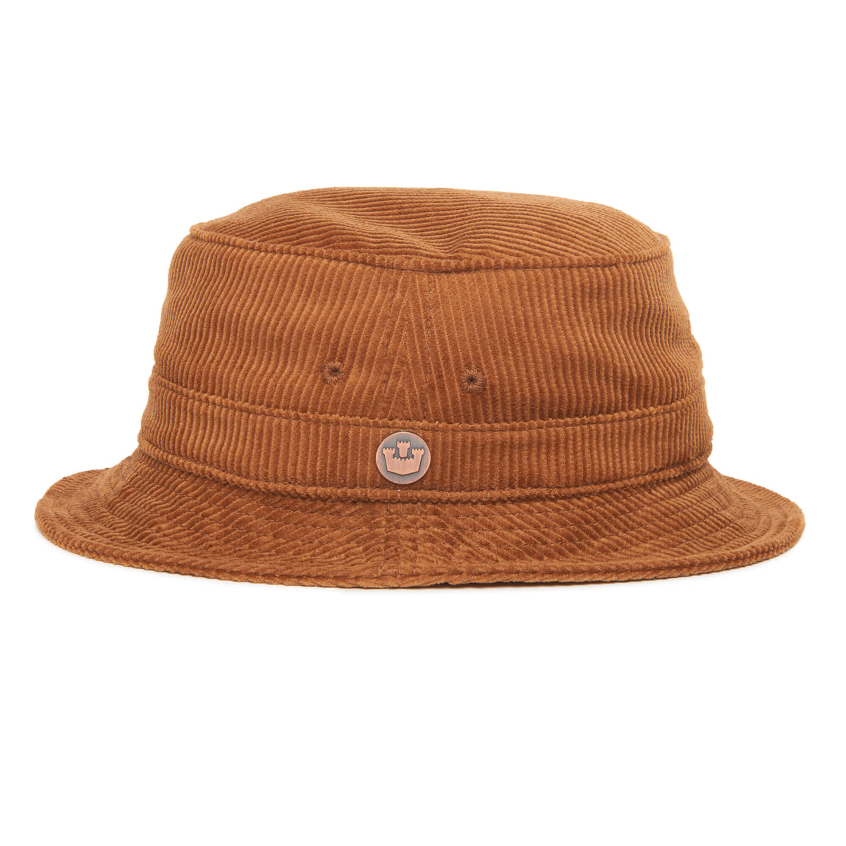 The Goorin Bros. Great Oaks brown corduroy bucket hat features a small circular logo patch on the front and is shown against a white background—a timeless accessory ideal for adding cool-weather style to any outfit.