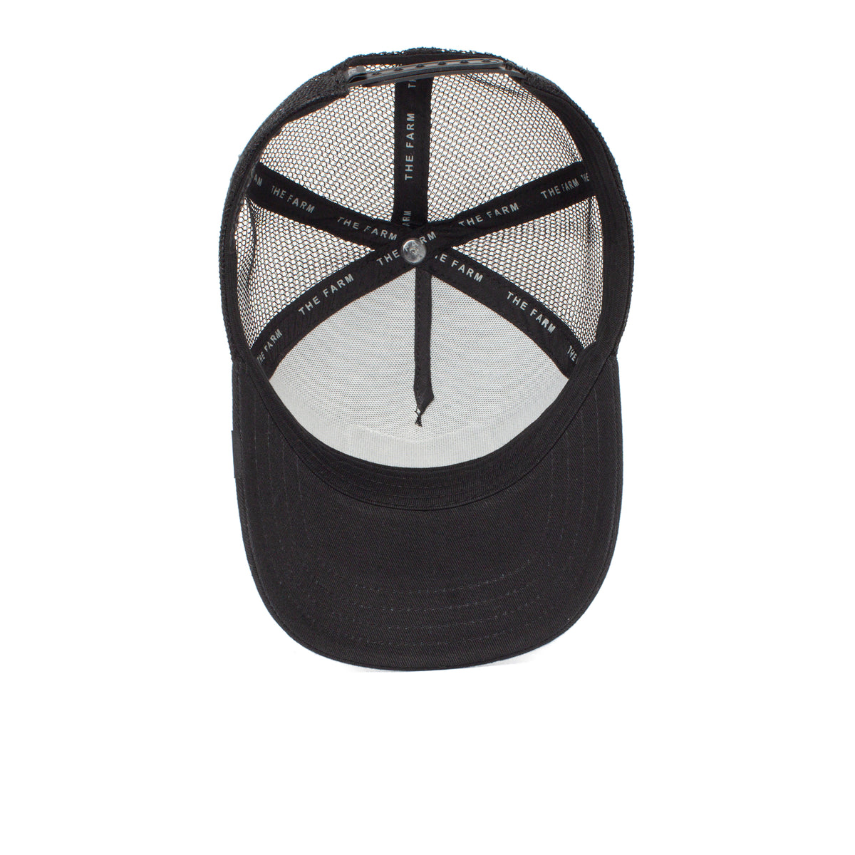 A black "Little Panther" trucker hat by The Farm, photographed from above to show the inner mesh lining and “THE FARM” text on the sweatband—a stylish kids’ hat for any occasion.