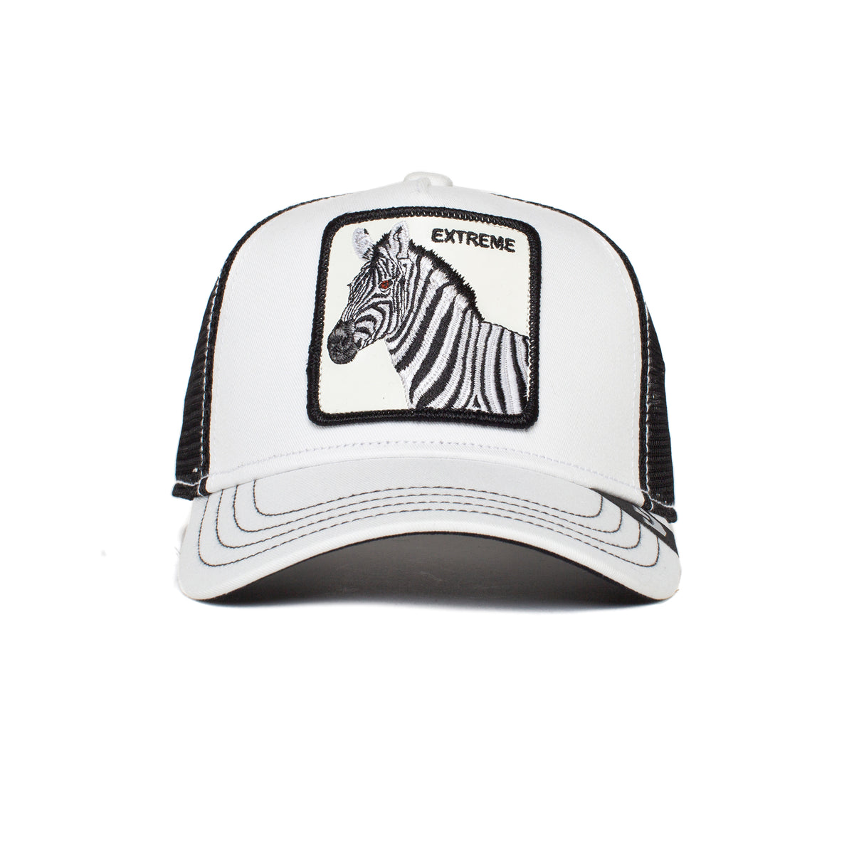 Front view of the Little Stripe hat by Goorin Bros., a white trucker style featuring a zebra animal patch with "EXTREME" embroidered above.