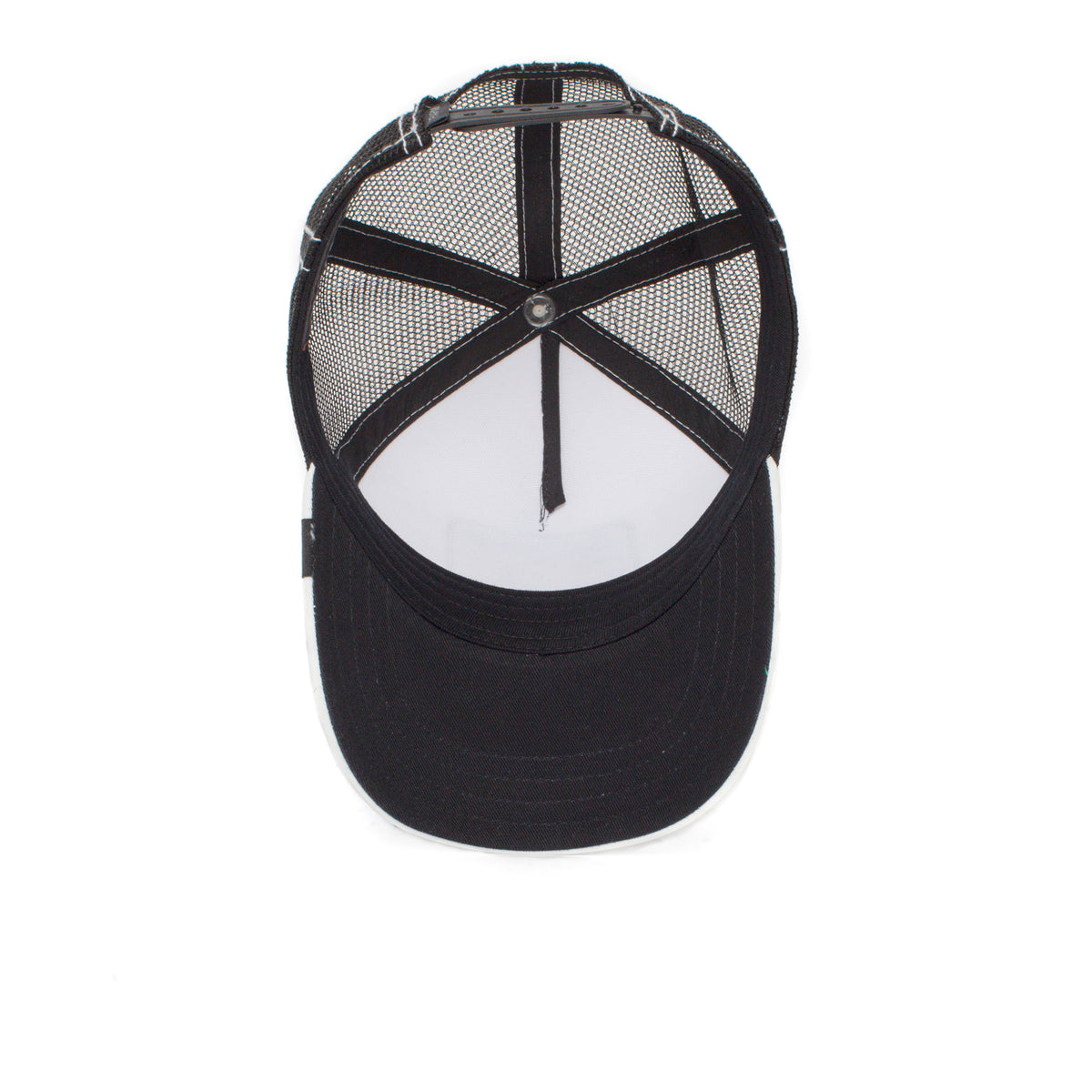 A black mesh trucker hat, Little Stripe by Goorin Bros., shown from above to display the inside and brim on a white background—perfect as a zebra-themed animal patch hat for kids.