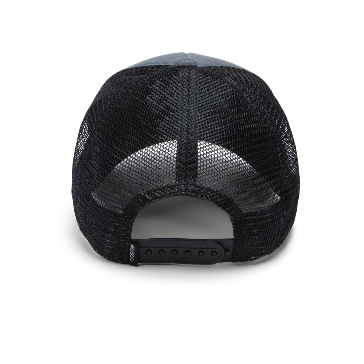 Back view of the “Fuzzy Trunk” kid-sized trucker hat by The Farm, featuring black mesh panels and an adjustable snapback closure, photographed against a white background.