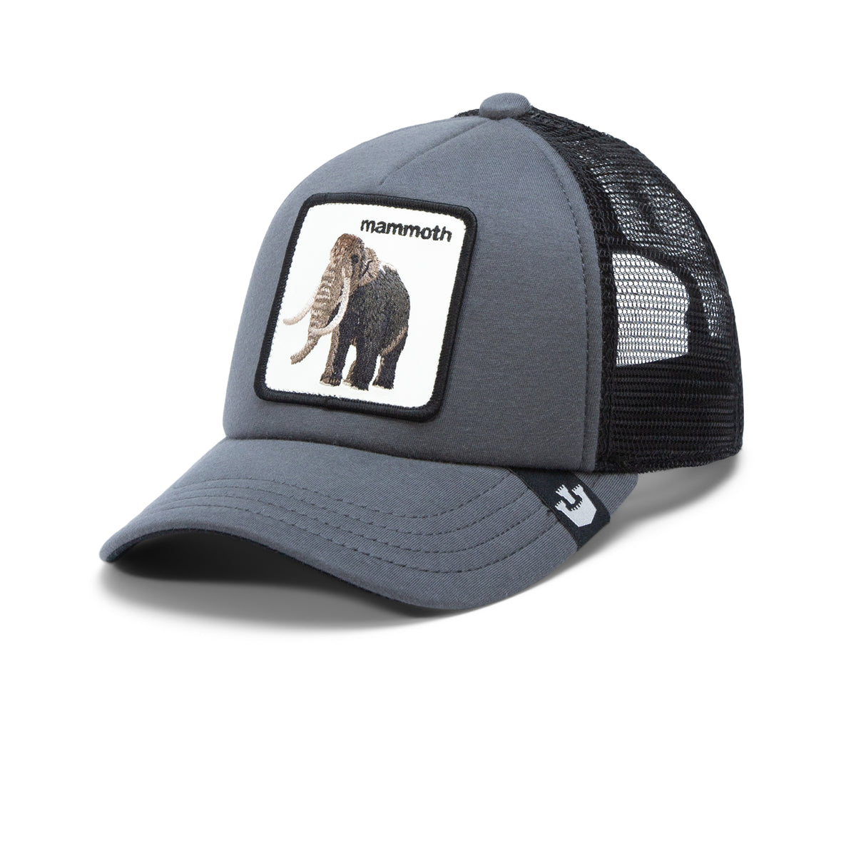 The Fuzzy Trunk by The Farm is a gray mesh trucker hat designed specifically for kids, featuring an illustrated mammoth patch on the front with the word “mammoth” above it—perfect for little adventurers.