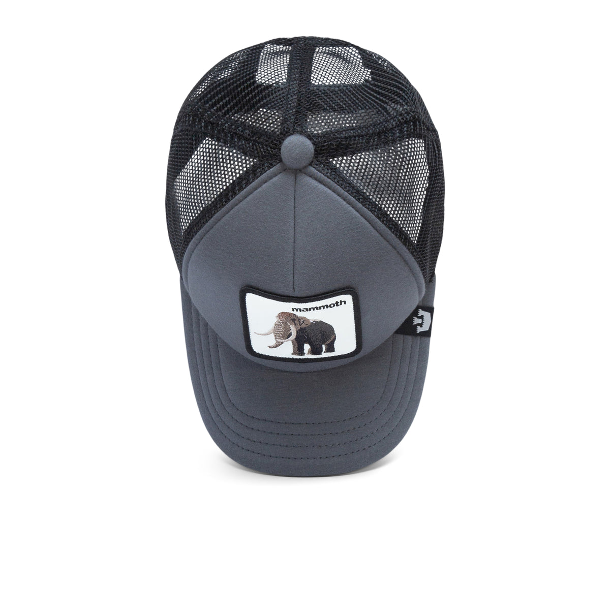Gray and black mesh baseball cap from The Farm, called the Fuzzy Trunk, featuring a patch of a woolly mammoth and the word “mammoth” on the front panel. This adjustable hat is shown from above against a white background.