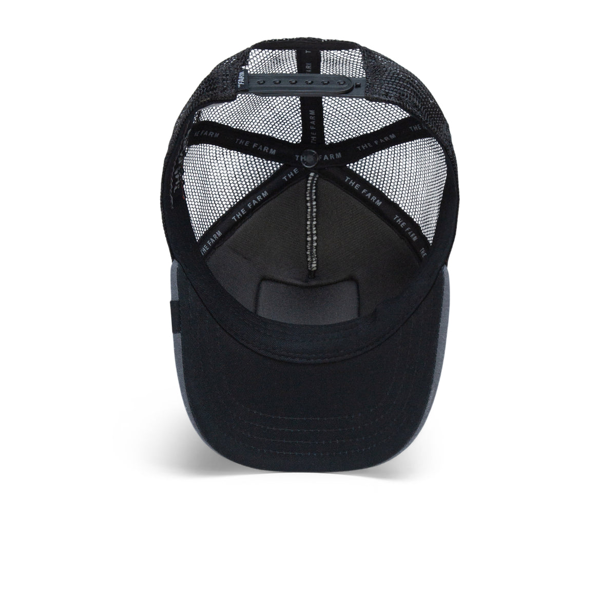 Black mesh trucker hat shown from the inside, featuring an adjustable snapback closure and a visible branded inner band reading The Farm. This kid-sized Fuzzy Trunk trucker is perfect for little ones, offering both comfort and style with its adjustable design.