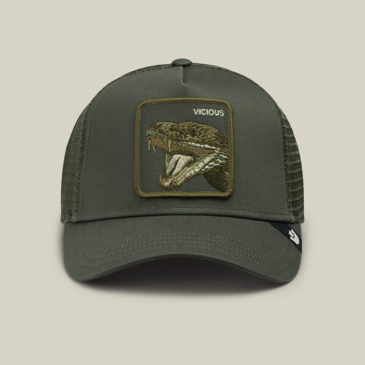 Goorin Bros.’ Circle of Life - Vicious trucker hat comes in dark green olive and features an embroidered snake patch with the word VICIOUS on the front. It has a breathable mesh back, adjustable snapback for a perfect fit, and a small brand tag on the side.
