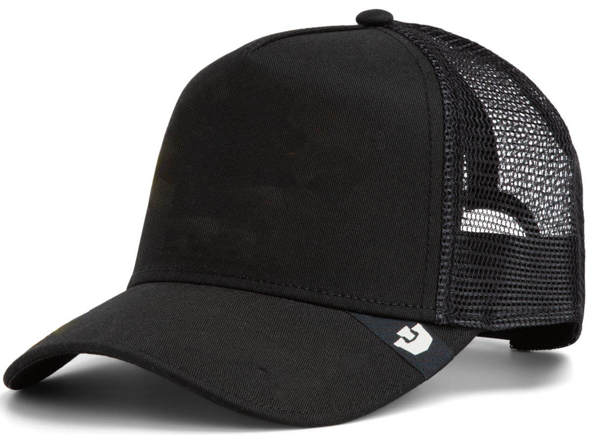 A black trucker cap with a curved brim, solid fabric front, and mesh back panels, featuring a small white logo on the front left side—classic American made design for fans of quality trucker hats.