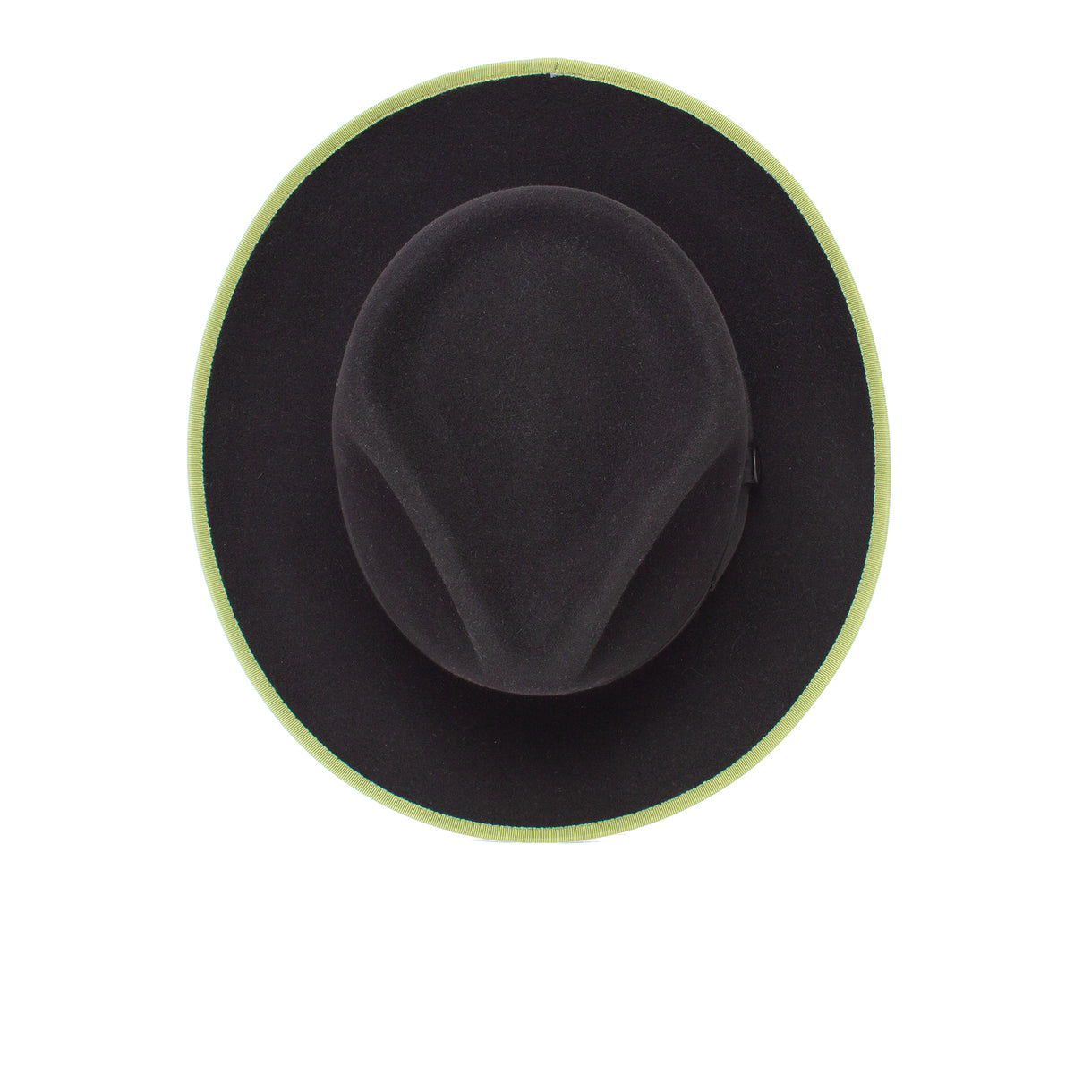 River Gray by Goorin Bros. is an American made merino wool fedora in black with a green trim, photographed from above against a white background, blending classic style with modern craftsmanship.