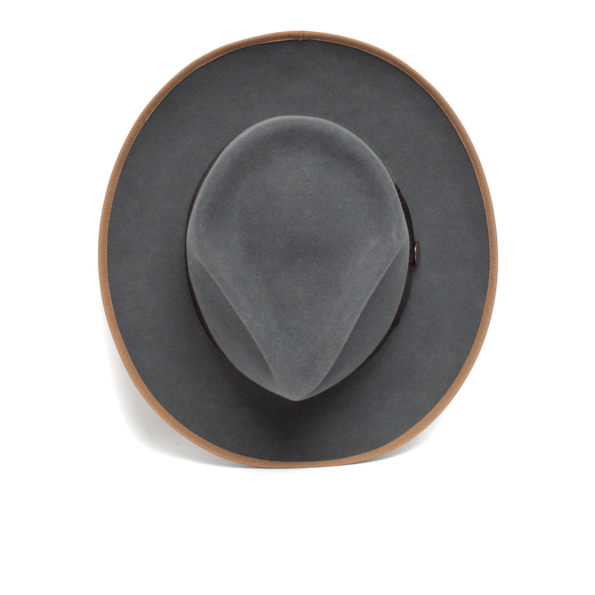 The River Gray by Goorin Bros., a merino wool wide-brim fedora in gray with a brown edge, is displayed from above against a white background.