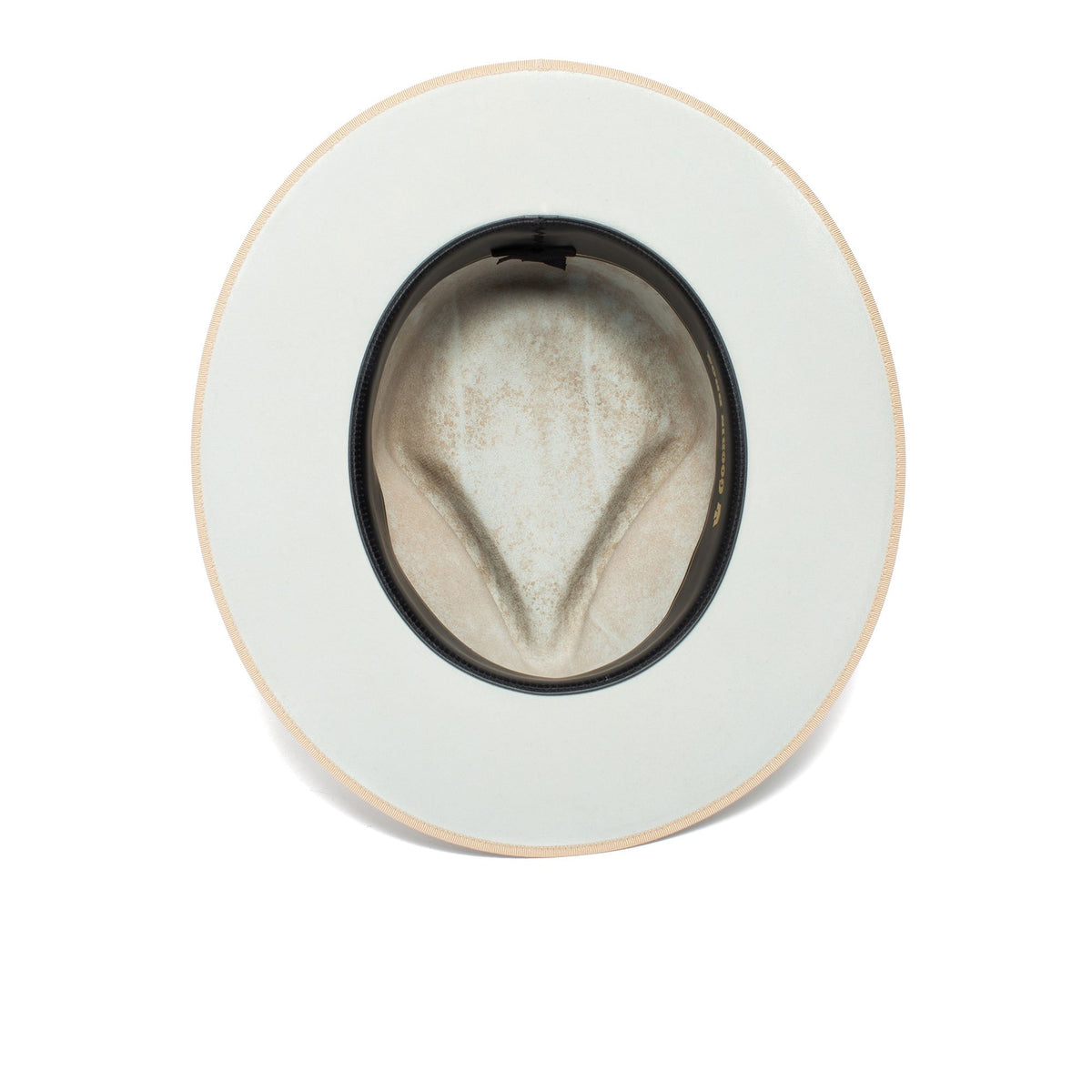 A top view of the Goorin Bros. River Gray cowboy hat reveals its wide brim fedora-inspired silhouette, featuring the inner sweatband and the worn, discolored lining of the crown.
