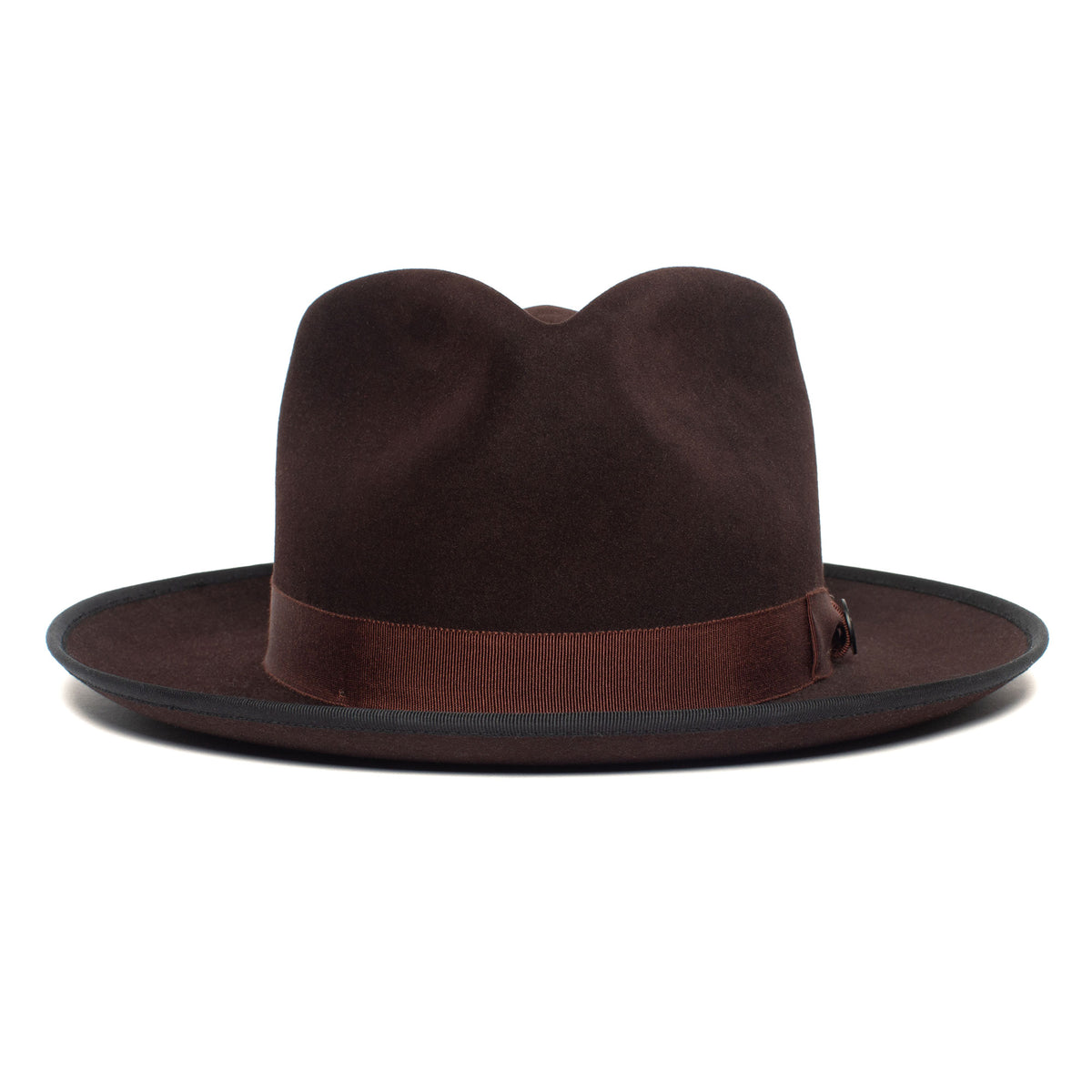 A gray wide brim fedora hat, the River Gray by Goorin Bros., crafted from high-quality merino wool with a matching gray ribbon band, American made and displayed on a white background.