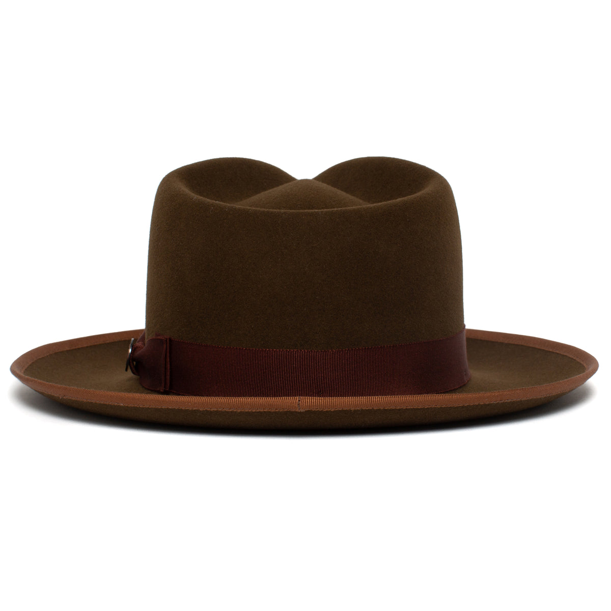 River Gray by Goorin Bros. is an American made merino wool fedora hat featuring a wide brim, burgundy grosgrain ribbon, and a flat crown, shown against a white background.