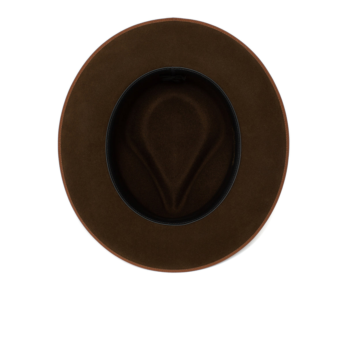 Top-down view of the Goorin Bros. River Gray fedora, American made with a wide brim, crafted from brown merino wool and featuring a black inner band, isolated on a white background.