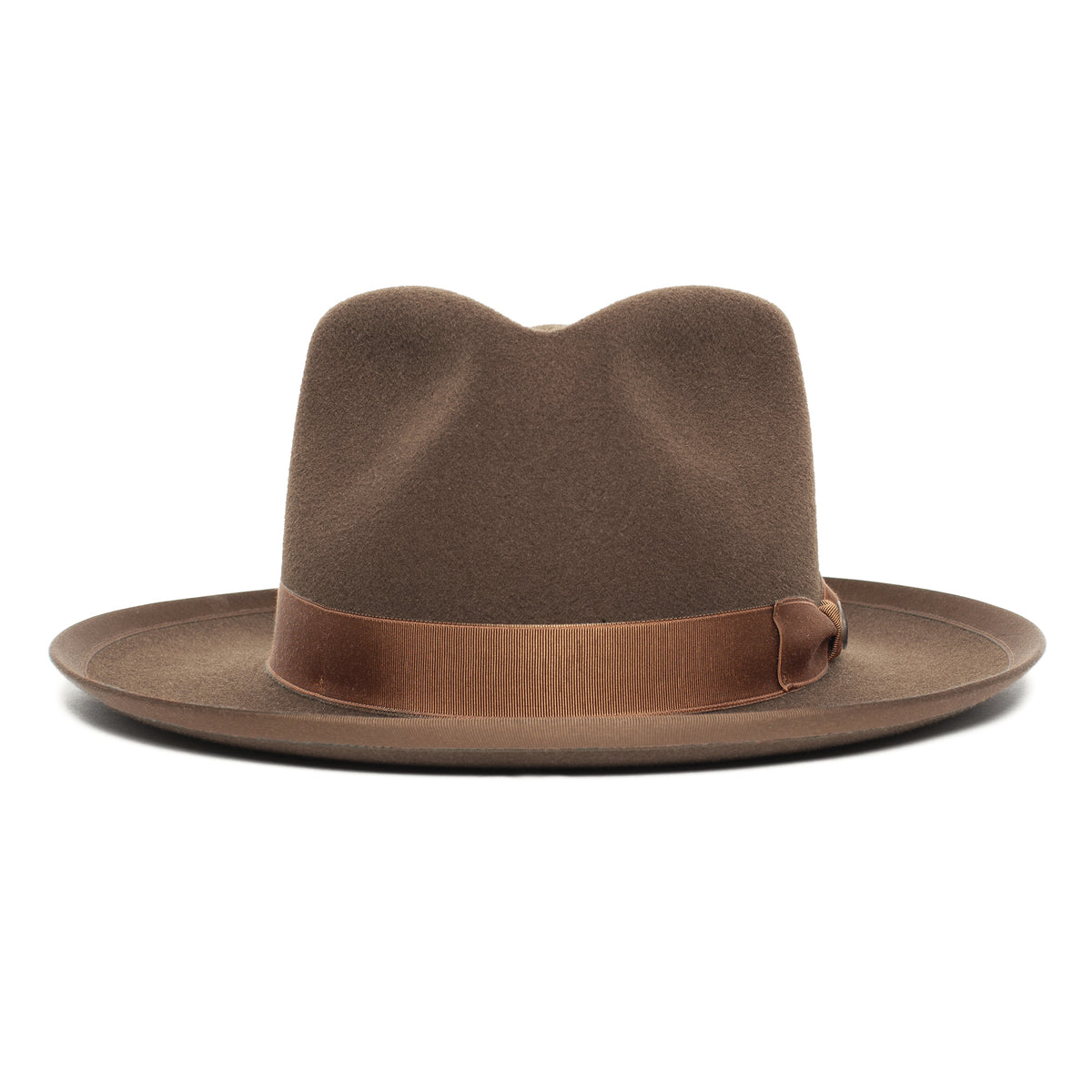 The River Gray fedora by Goorin Bros., American made from premium merino wool, features a wide brim with a stylish brown ribbon band and bow detail, photographed against a white background.