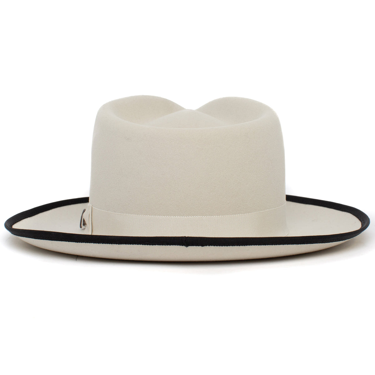 Introducing the River Gray by Goorin Bros.—an American-made fedora hat crafted from premium materials, featuring a cream-colored wide brim, elegant black trim, and a coordinating ribbon band, shown against a white background.