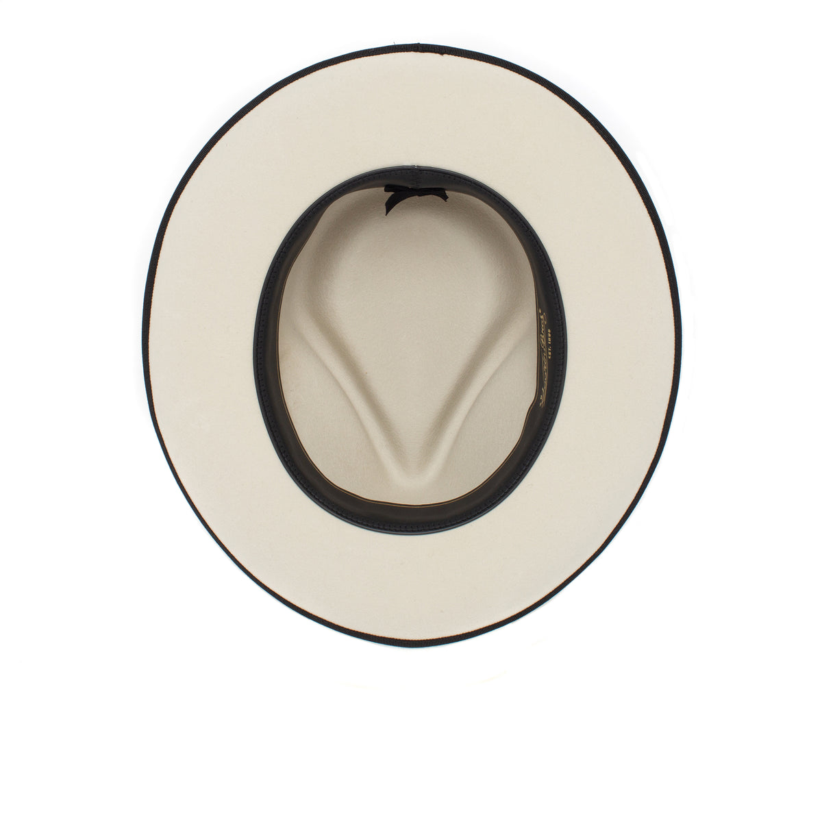 Top-down view of the Goorin Bros. River Gray, an American-made off-white wide brim fedora featuring a black inner band and a visible crease in the crown, photographed on a white background.