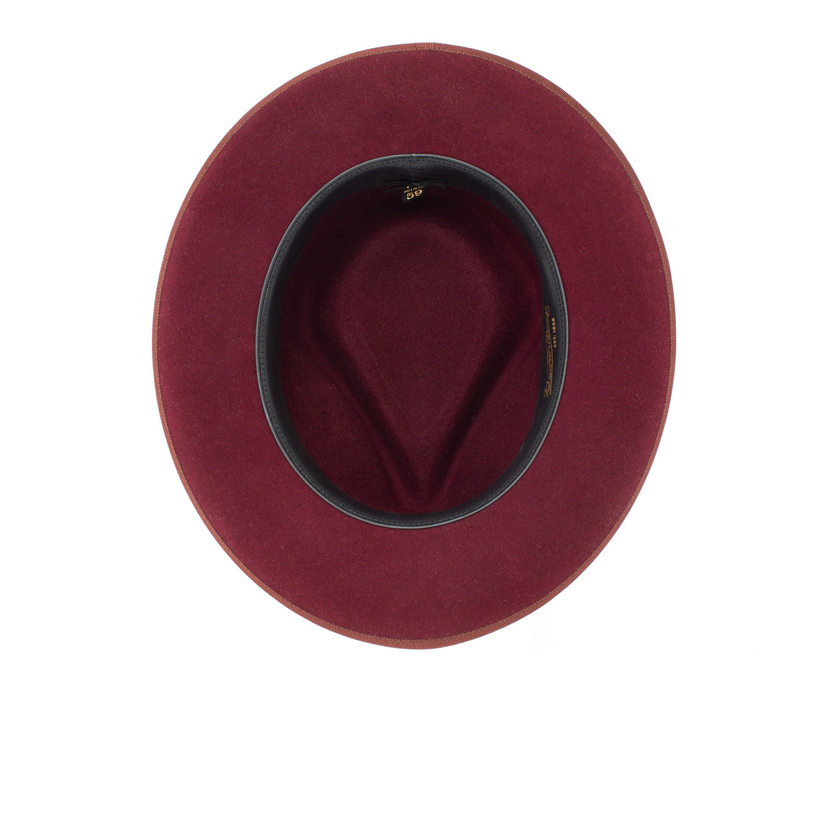 Top view of the Goorin Bros. River Gray wide brim fedora hat, American made from high-quality merino wool with a black inner band, displayed on a white background.