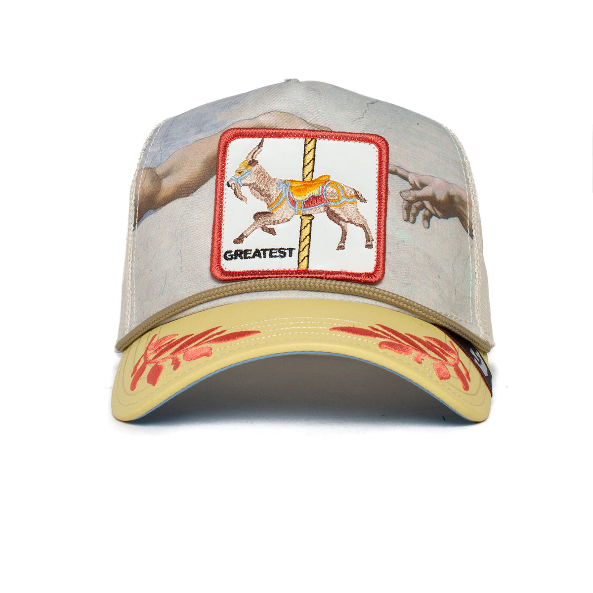 Beige and yellow Maximum baseball cap by The Farm featuring a carousel horse patch, “GREATEST” lettering, a detail from Michelangelo’s Creation of Adam, and red floral embroidery on the brim. Please note: All sales are final.
