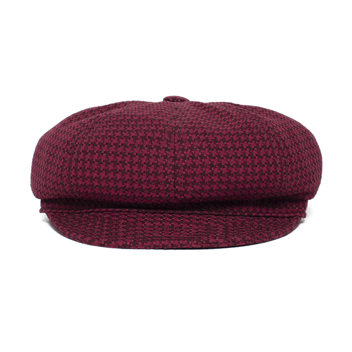 A maroon and black houndstooth-patterned newsboy cap, the “Cold Snap” by Goorin Bros., is shown from the front against a white background. This American-made cabbie flatcap features a German wicking sweatband for added comfort.