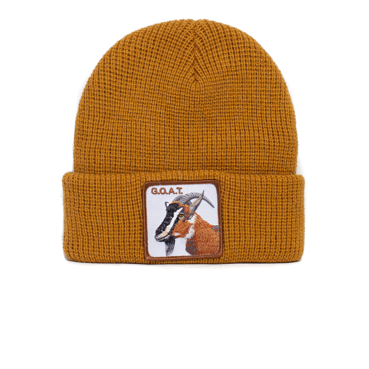 Stay cozy and stylish with The Greatest knit beanie from The Farm, featuring a mustard yellow design and a cuff sewn patch with an embroidered goat and G.O.A.T. text. Designed for all-day comfort, this soft beanie is perfect for showcasing your greatest of all time style.