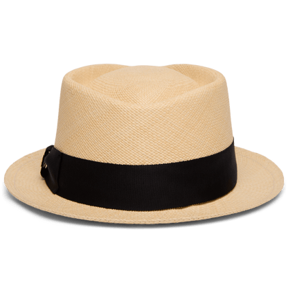 The "That's All Folks" hat by Goorin Bros. is a beige handwoven Ecuador Panama style, accented with a wide black ribbon band and shown on a plain white background.