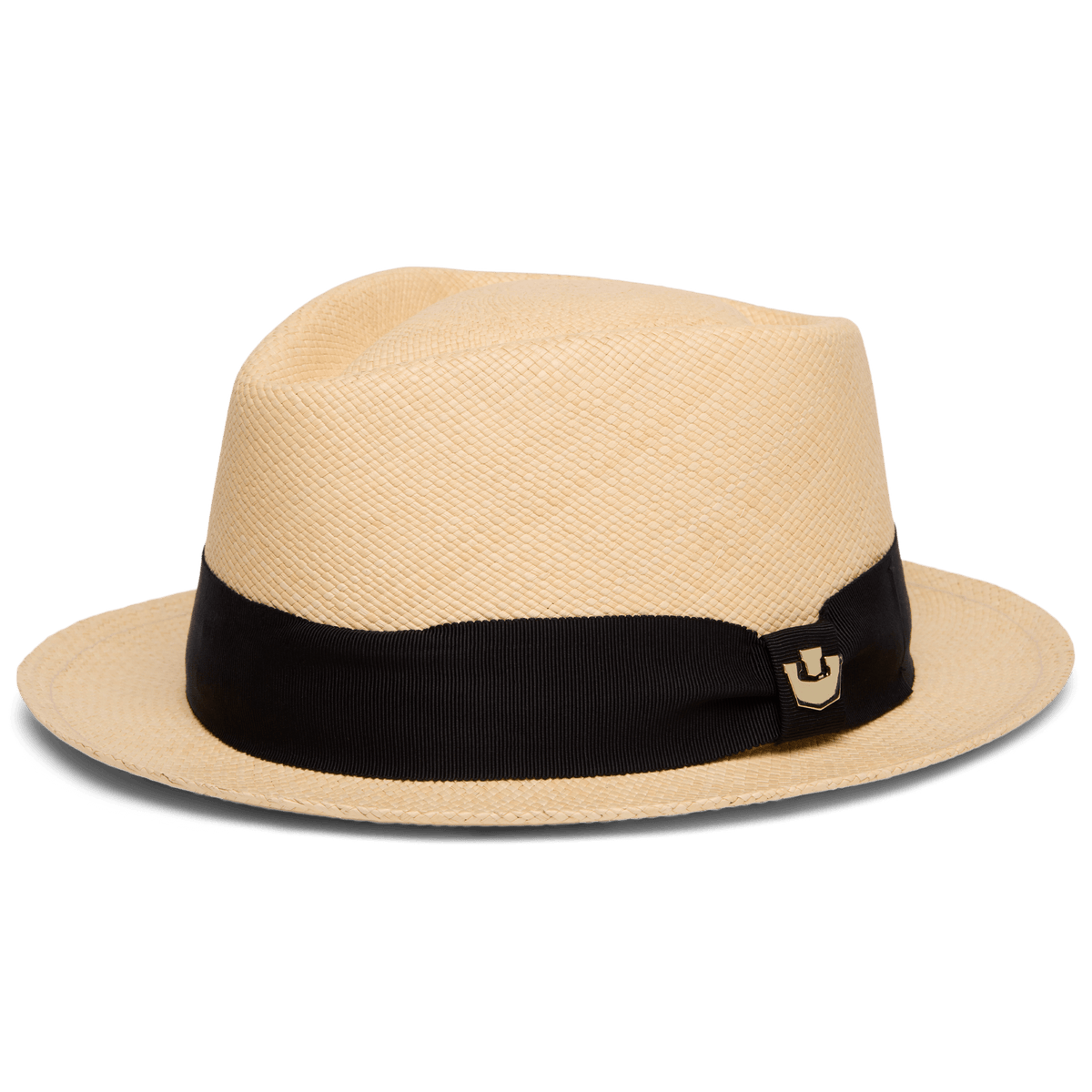 The That's All Folks hat by Goorin Bros. is a genuine Panama, handwoven in Ecuador, with a light hue, wide black ribbon band, and a small decorative pin on the side.
