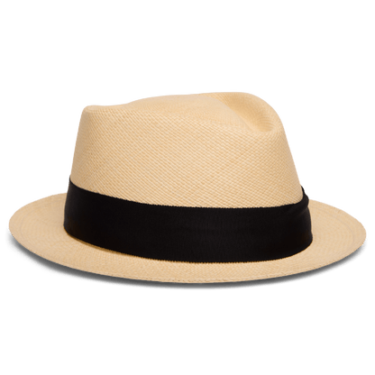 The Goorin Bros. "That's All Folks" Panama hat features beige handwoven straw and a wide black band around the crown, displayed against a plain white background.